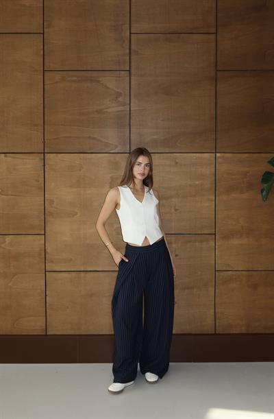 Çizgili Pile Detay Pantolon