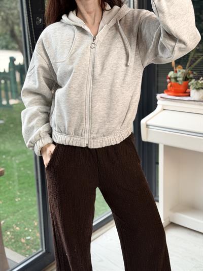 Kapüşonlu Kısa Gri Renk Sweatshirt 