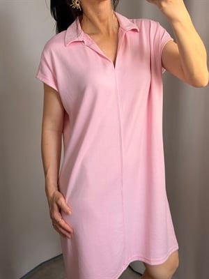 Yakalı Diz Üstü Pembe Renk Elbise