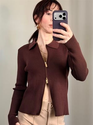 Yakalı Fermuarlı Kahverengi Hırka