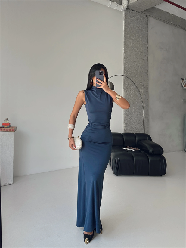 Kolsuz Drapeli Maxi Elbise - Antrasit