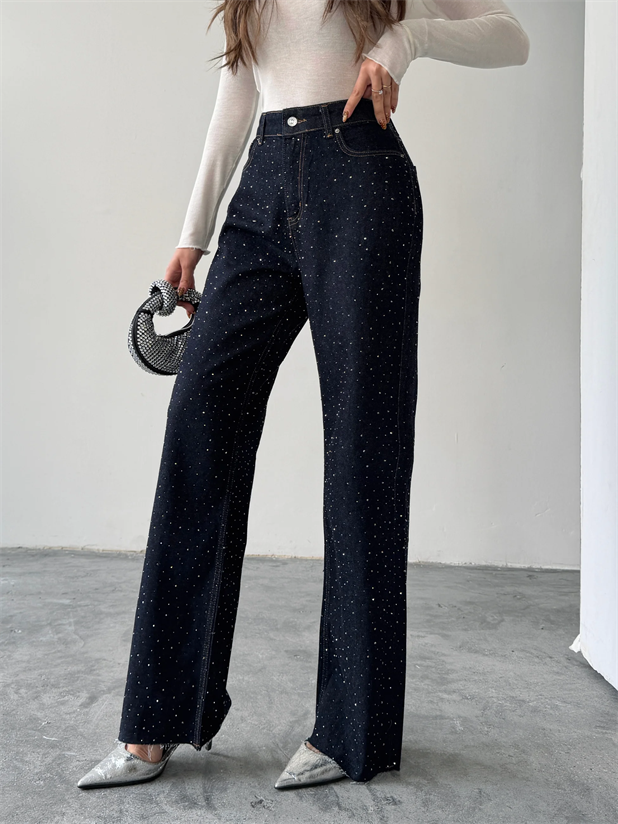 Premium Parlak Taş Detaylı Jean  - Lacivert