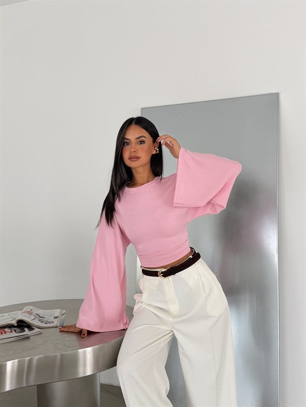 Yarasa Kol Beli Büzgülü Bluz - Pembe