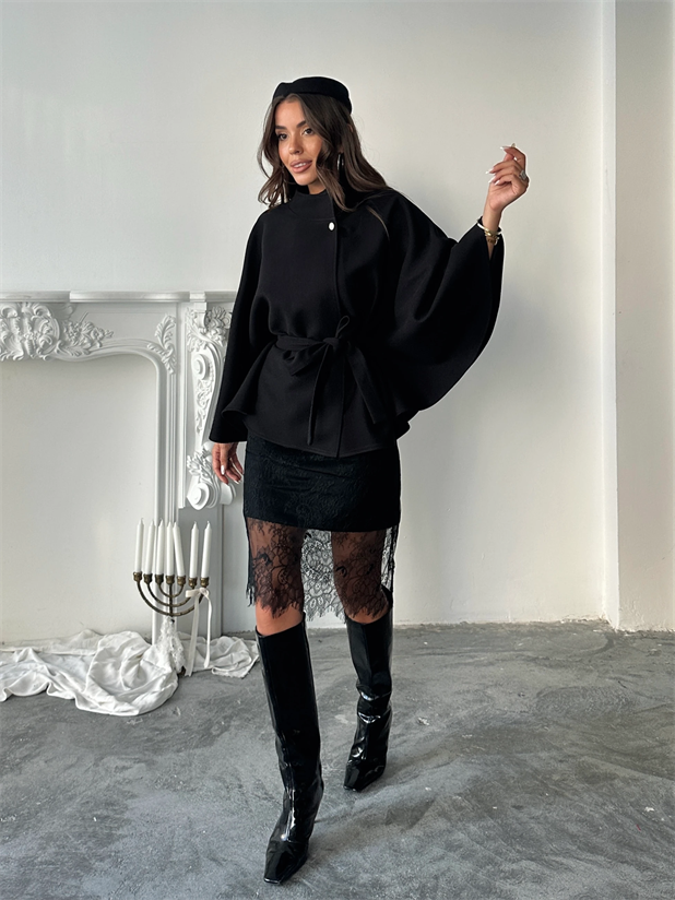 Kaşe Kuşaklı Pelerin Kaban - Siyah