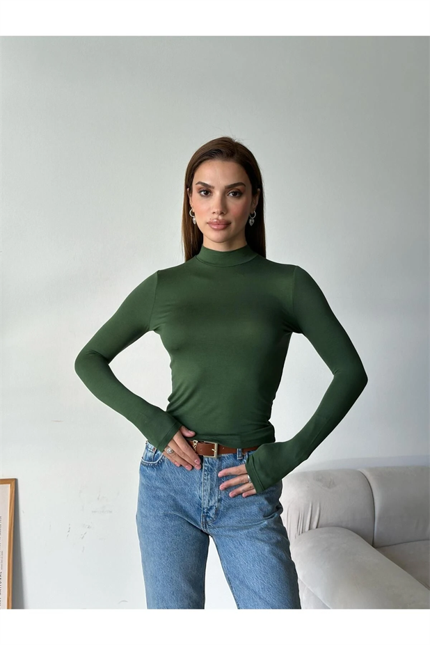 Dik Yaka Balıkçı Bluz Haki Yeşil - Haki Yeşil