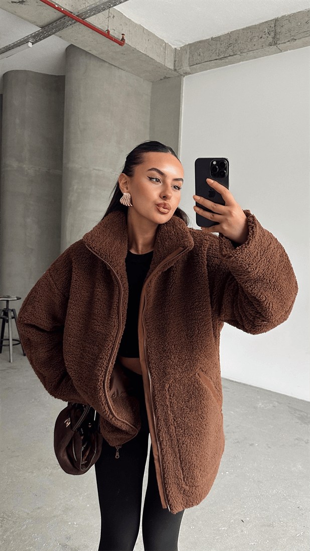 İç Astarlı Oversize Peluş Mont  - Kahverengi