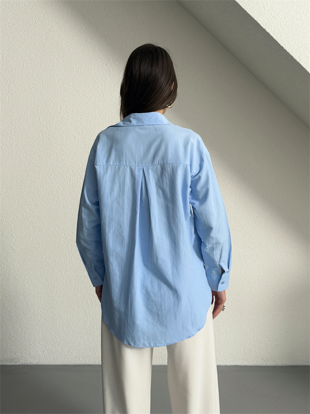 Tek Cep Boyfriend Gömlek - Mavi