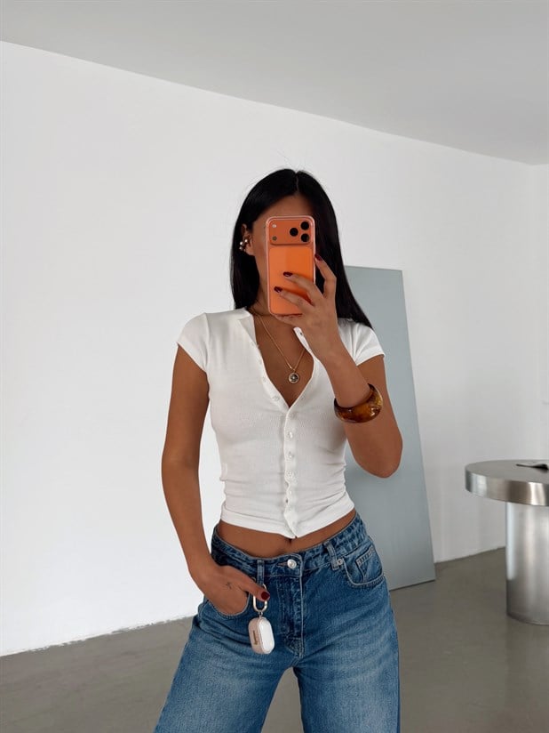 Full Düğmeli Fitilli Basic Bluz - Beyaz