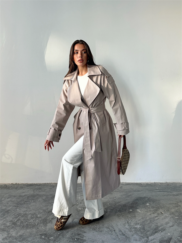 Kemerli Trençkot Bej - Bej