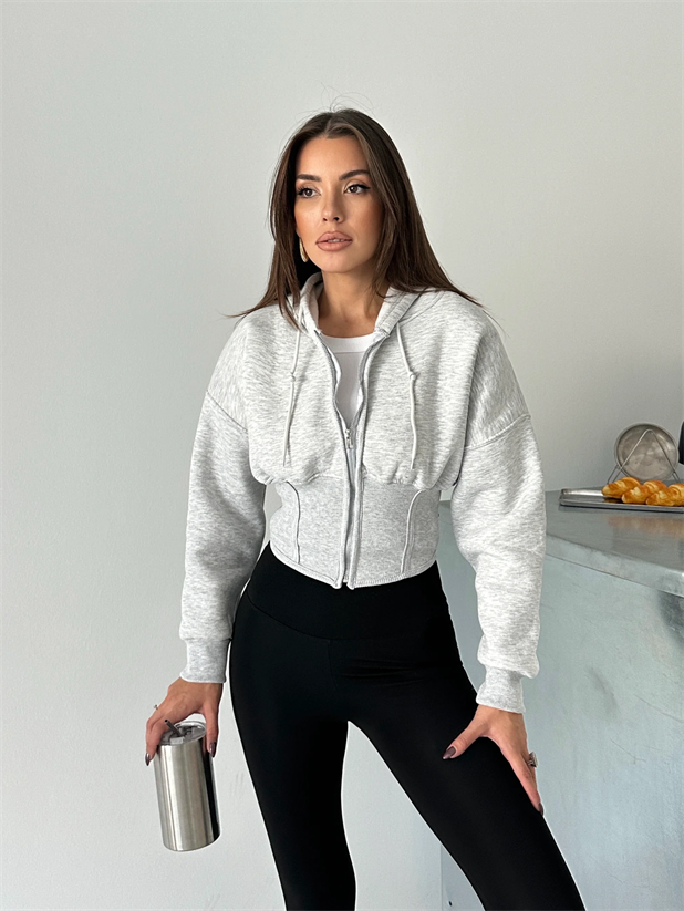 Korse Manşet Fermuarlı Sweat Hırka - Gri