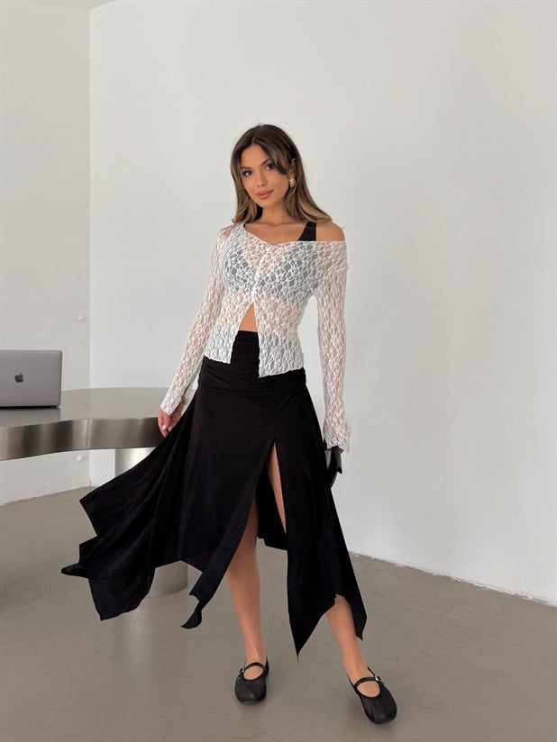 Yırtmaçlı Yüksek Bel Asimetrik Etek - Siyah