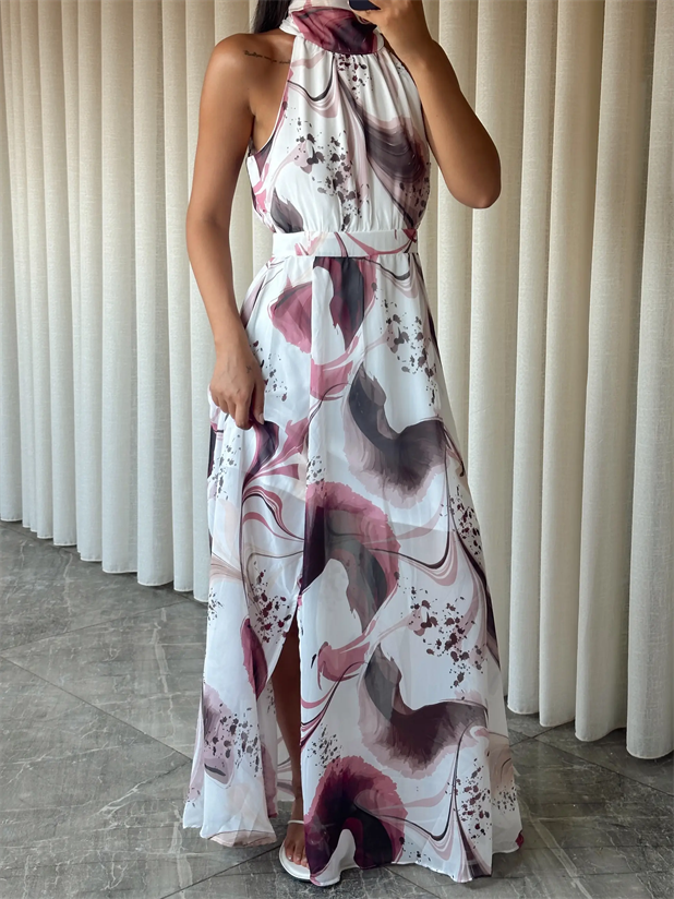 Desenli Şifon Elbise - Ekru-Pembe