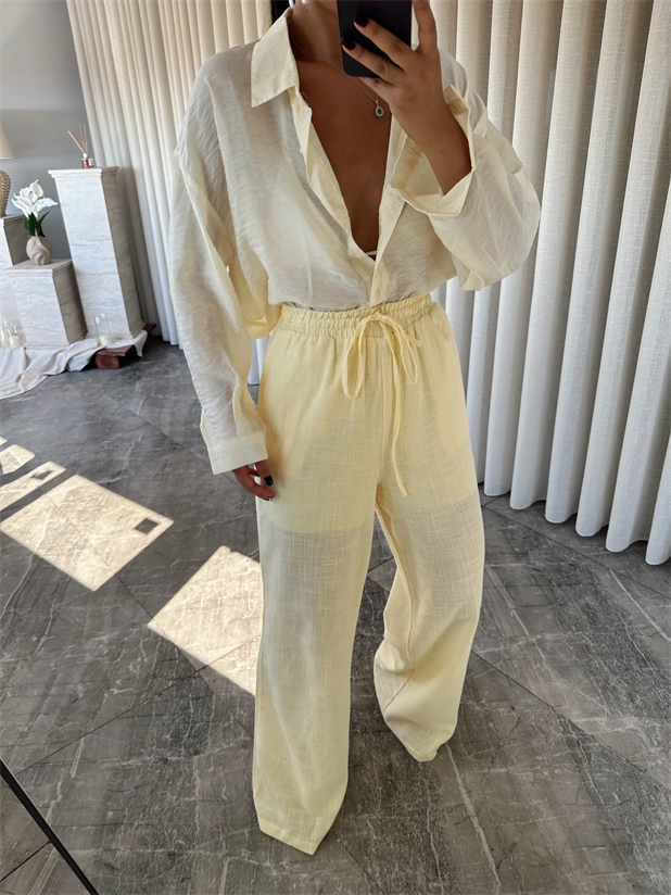 Bol Paça Keten Pantolon - Sarı