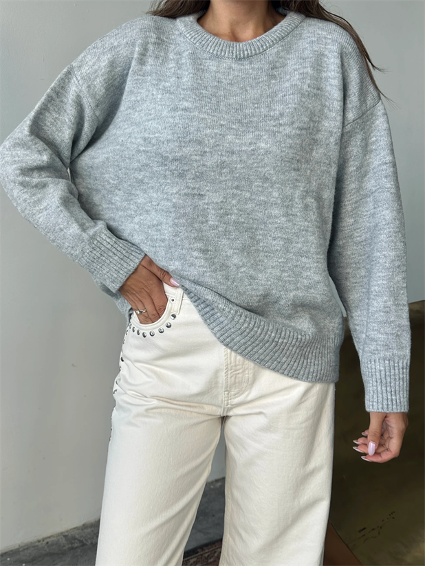 Yıkamalı Şardonlu Triko Kazak - Gri