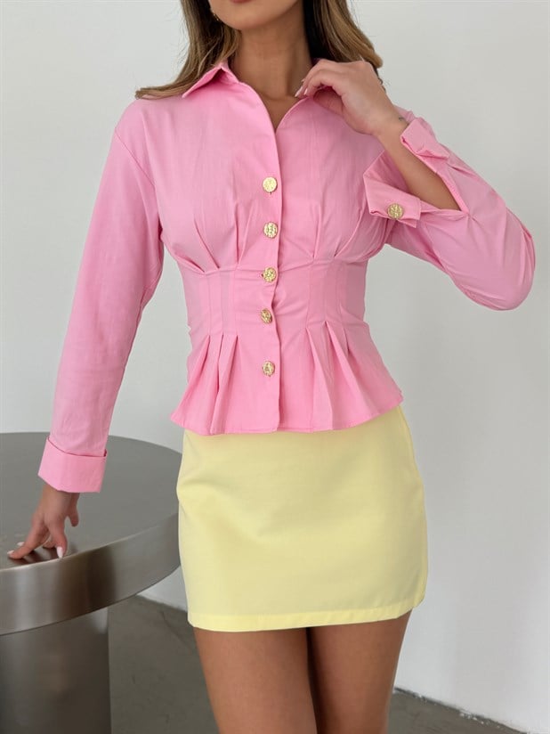 Gold Düğmeli Pensli Gömlek - Pembe