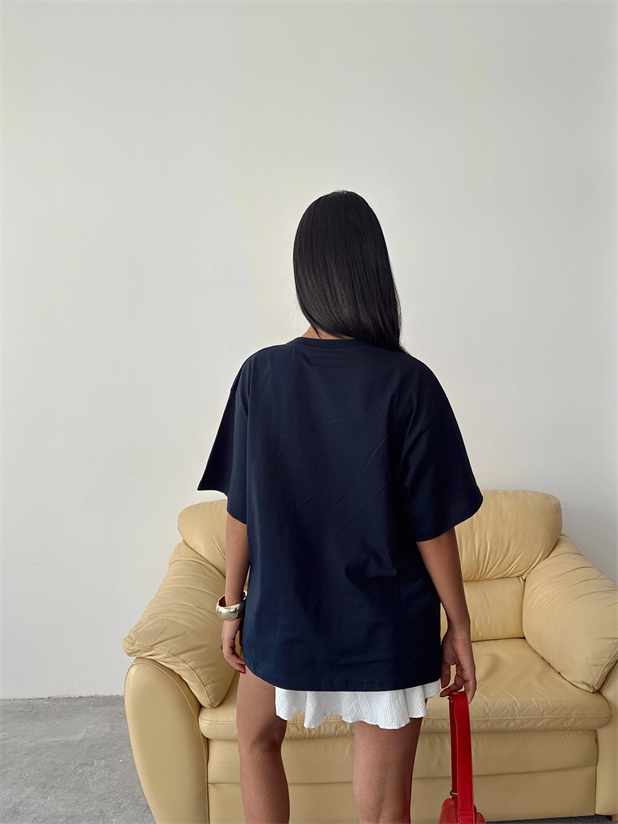 Oversize Bear Nakışlı T-shirt - Lacivert