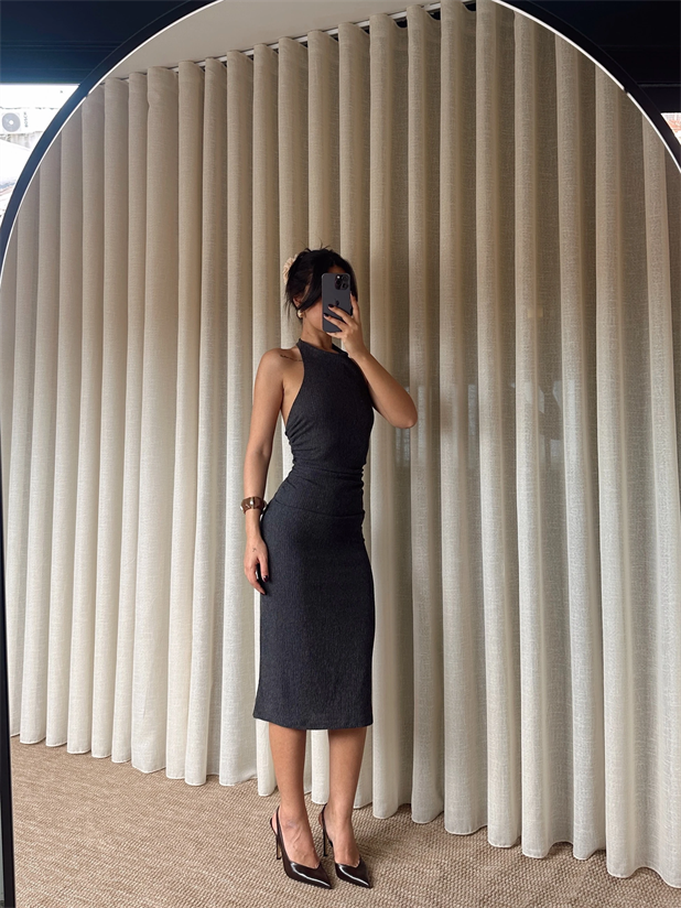 Sırt Dekolte Elbise - Antrasit