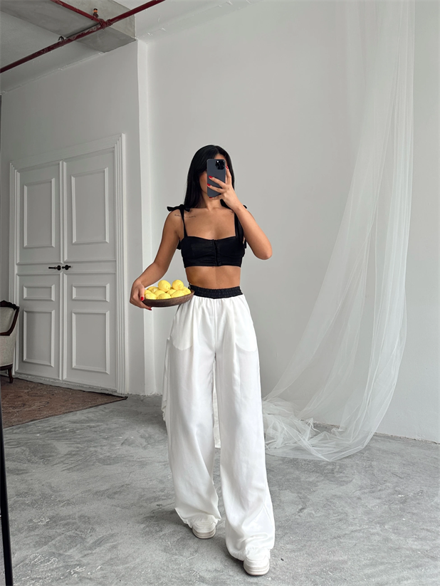 Kemer Detaylı Palazzo Pantolon - Beyaz