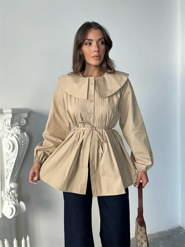 Geniş Yaka Poplin Gömlek - Bej