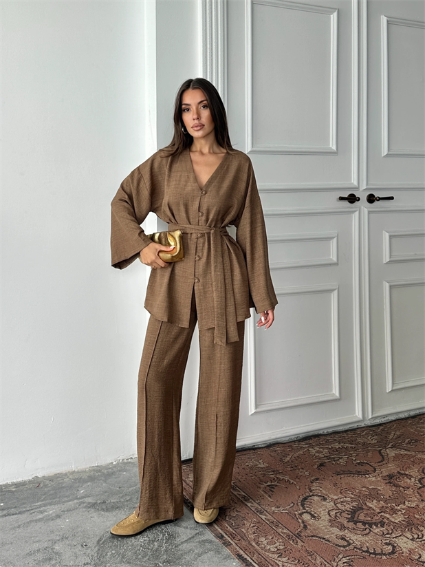 Düğme Detay Kuşaklı Kimono Takım - Kahve