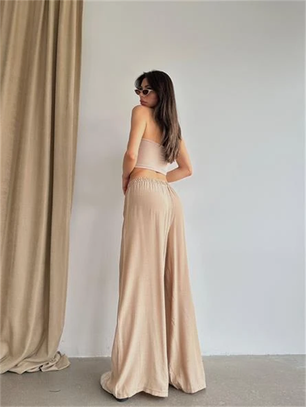 Bel Lastik Tiril Palazzo Pantolon Bej - Bej