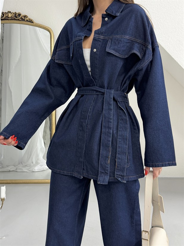 Cep Detaylı Denim Takım - Lacivert