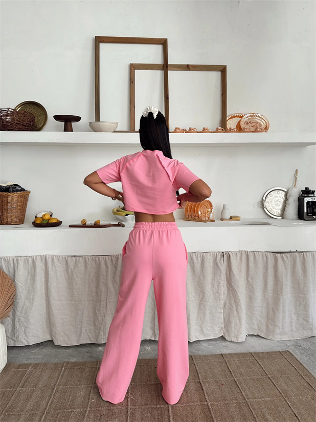 Ters Dikiş Detay Crop Takım - Pembe