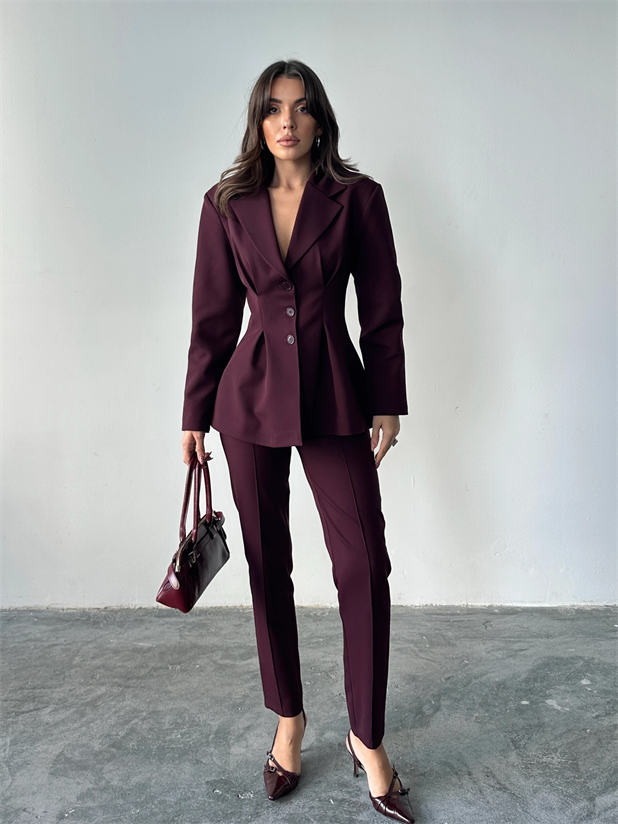 Pile Detay Oturtmalı Blazer Ceket  - Mürdüm