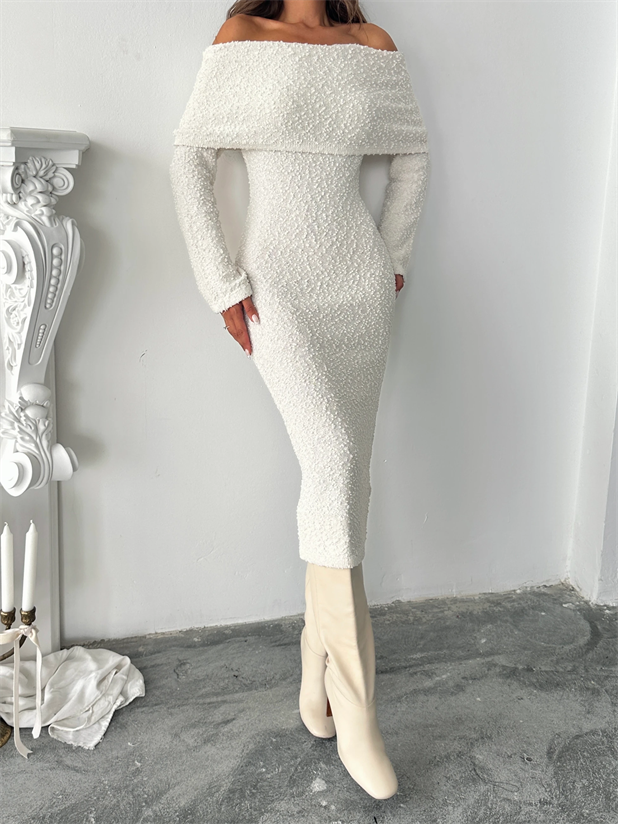 Madonna Yaka Buklet Elbise - Ekru