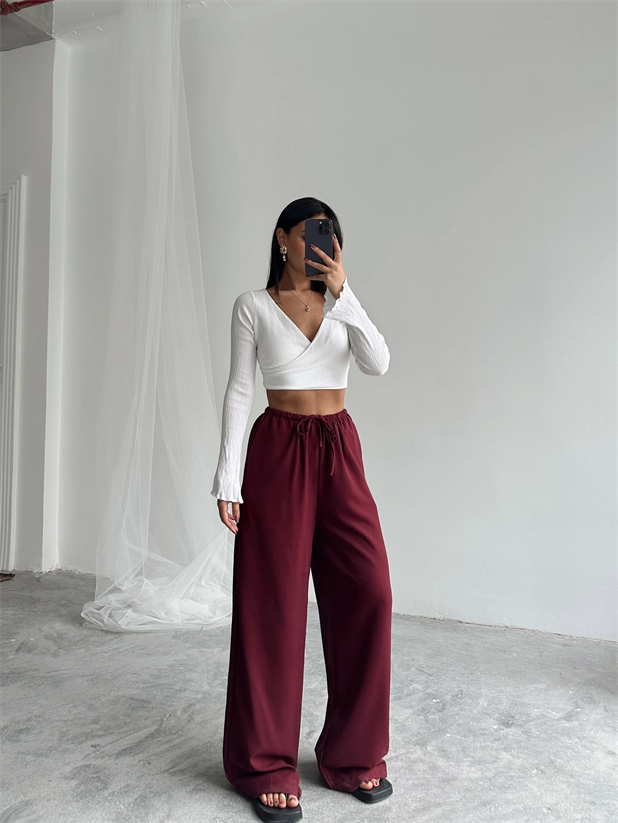 İnce Kemerli Salaş Pantolon - Bordo