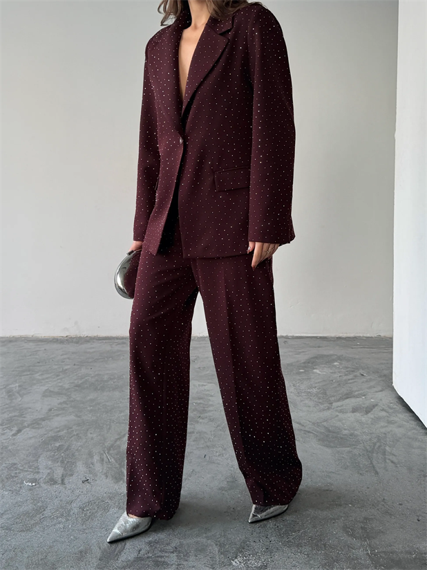 Premium Taş Detaylı Ceket Pantolon Takım  - Mürdüm