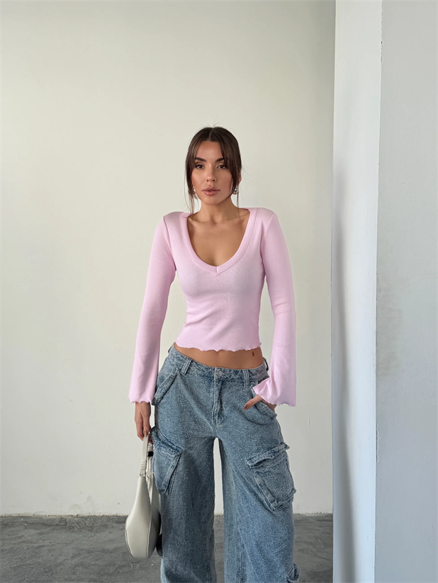 V Yaka İspanyol Kol Bluz - Pembe