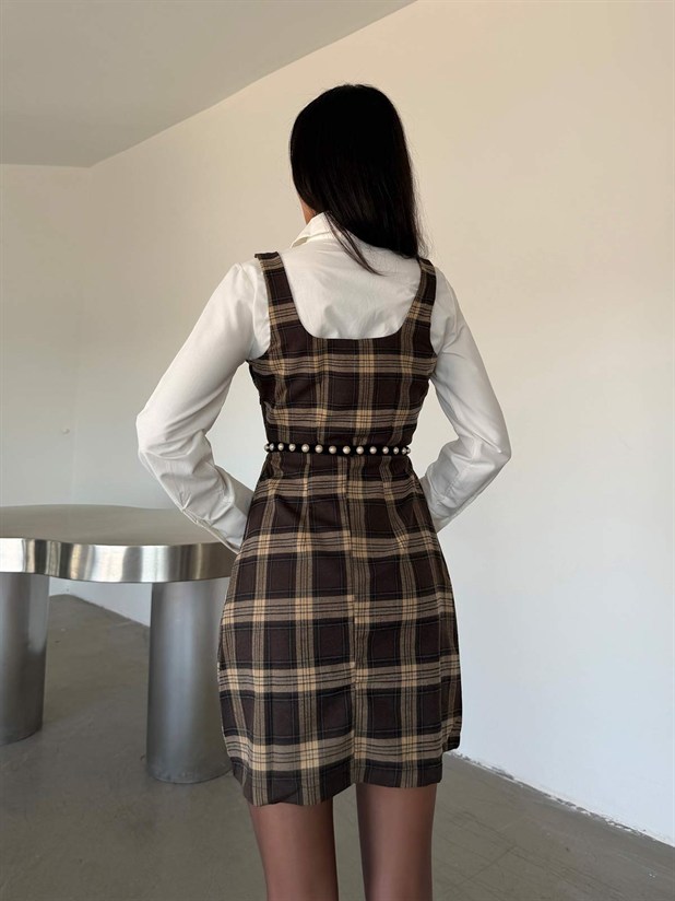 Birleşik Gömlekli Ekose Elbise - Kahve