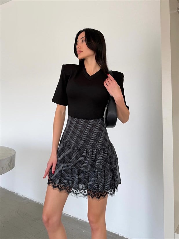 Dantel Detaylı Mini Fırfır Etek - Haki