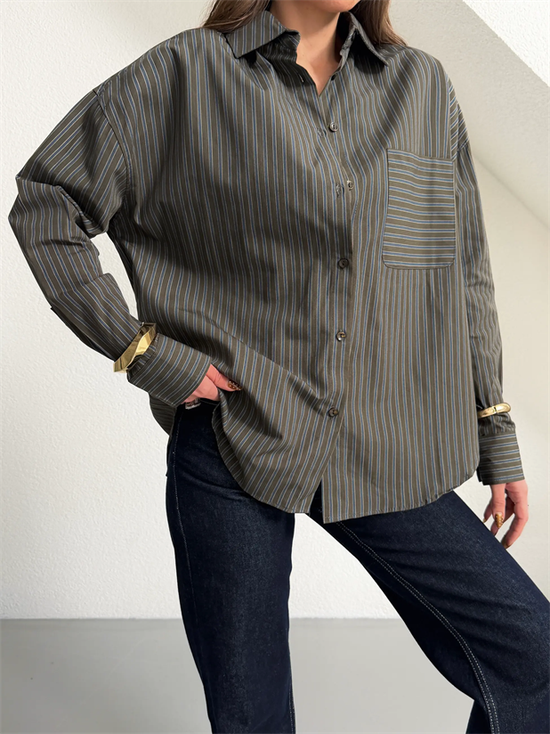 Çizgili Boyfriend Gömlek - Haki