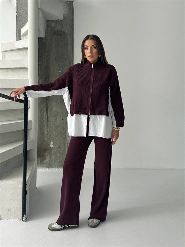 Poplin Fermuarlı Triko Takım - Mürdüm