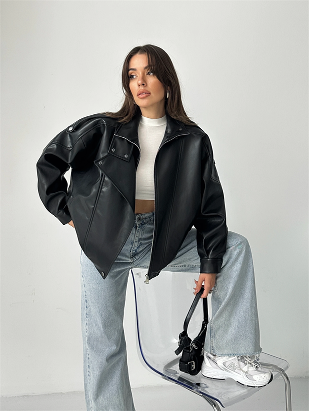 Oversize Iconıc Deri Ceket  - Siyah