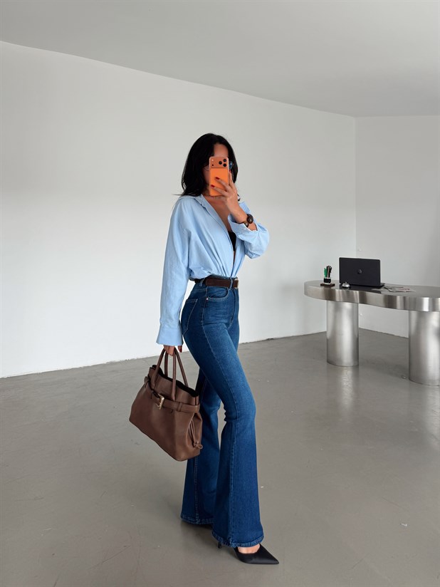 Yüksek Bel İspanyol Paça Jean - Lacivert