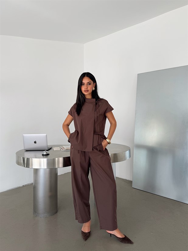 Poplin Balon Pantolon Takım - Kahve