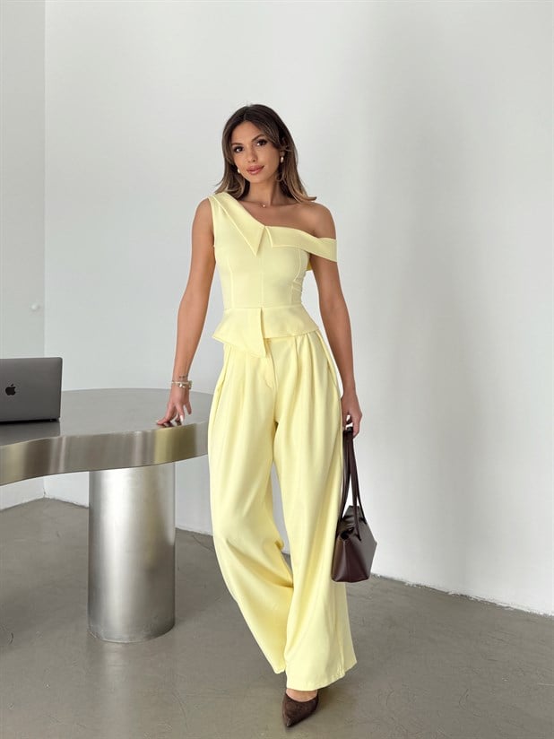 Yandan Katlama Düğme Detay Palazzo - Limon Sarısı