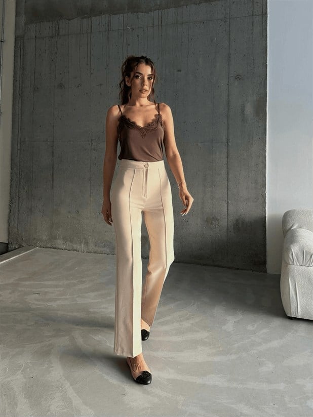 Ön Dikiş Boru Paça Kumaş Pantolon - Taş