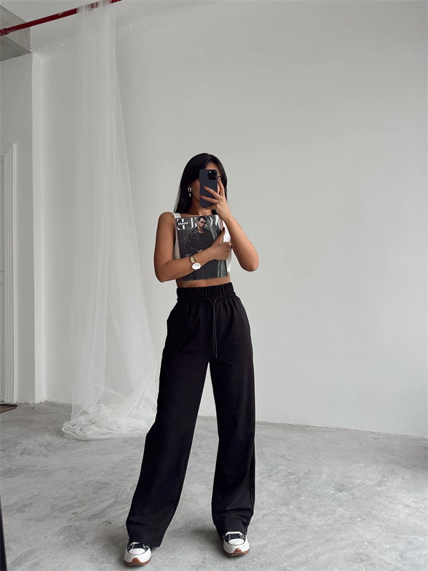 Bel Lastik Detay Palazzo Eşofman - Siyah