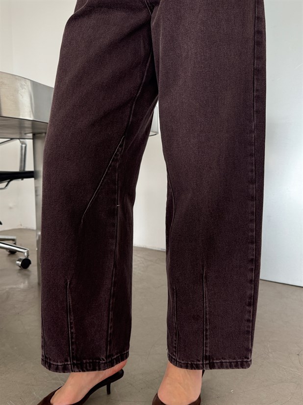 Paça Çift Pensli Boyfriend Jean - Kahve