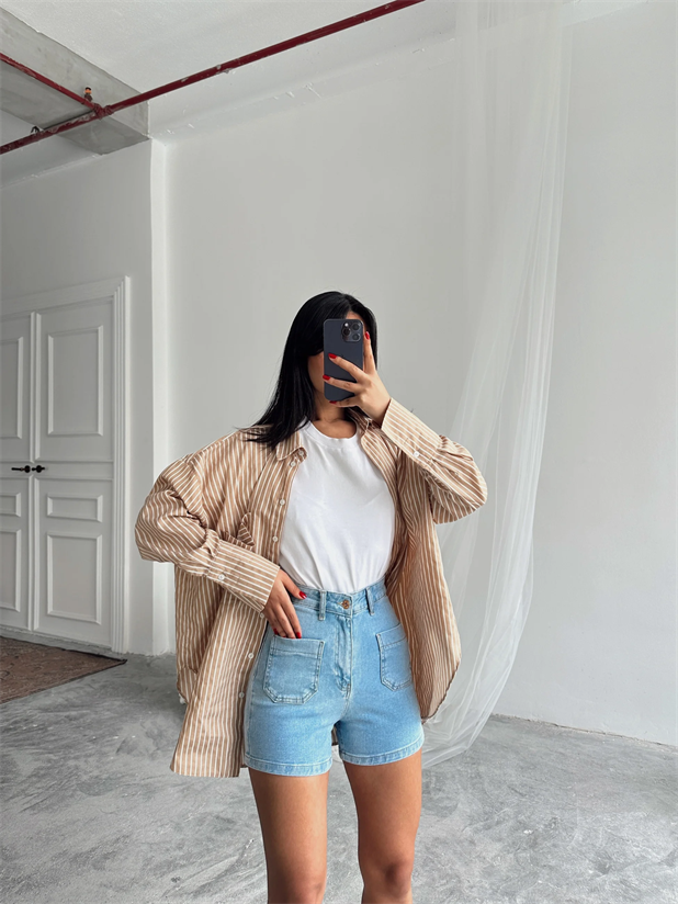 Çift Cep Detay Kot Şort Açık Mavi - Mavi