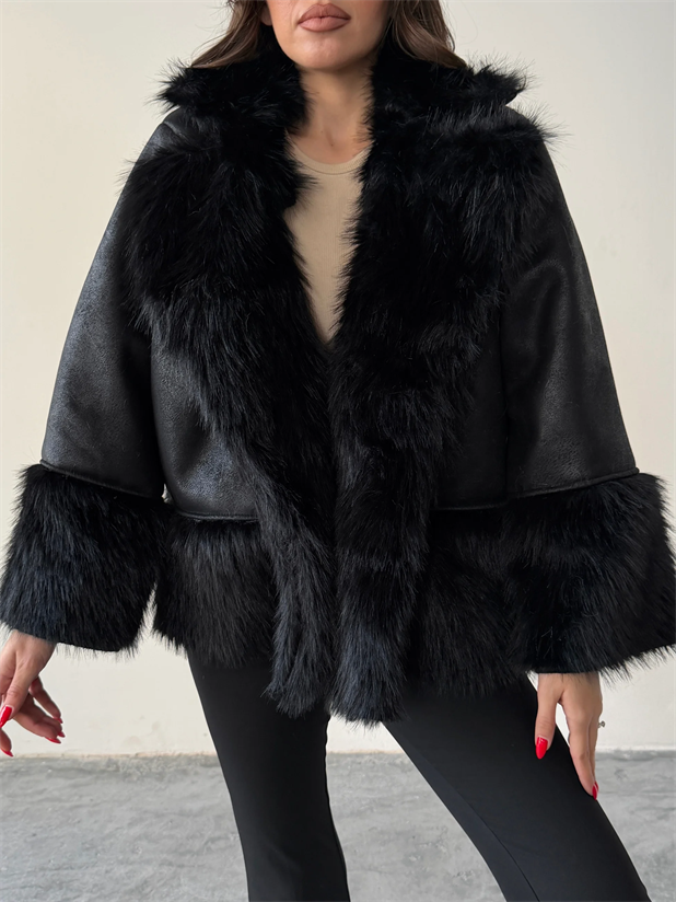 Kürklü Süet Kaban - Siyah