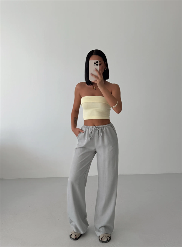 Beli İnce Lastikli Keten Palazzo - Gri