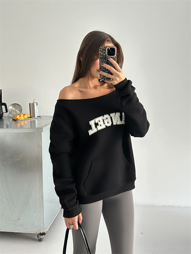 Angel Nakışlı Kayık Yaka Sweat - Siyah