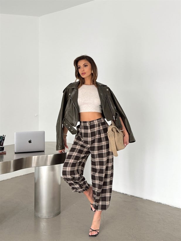 Ekose Jogger Pantolon - Kahve