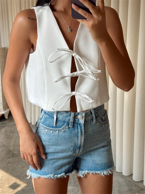 Keten Bağcıklı Yelek  - Beyaz