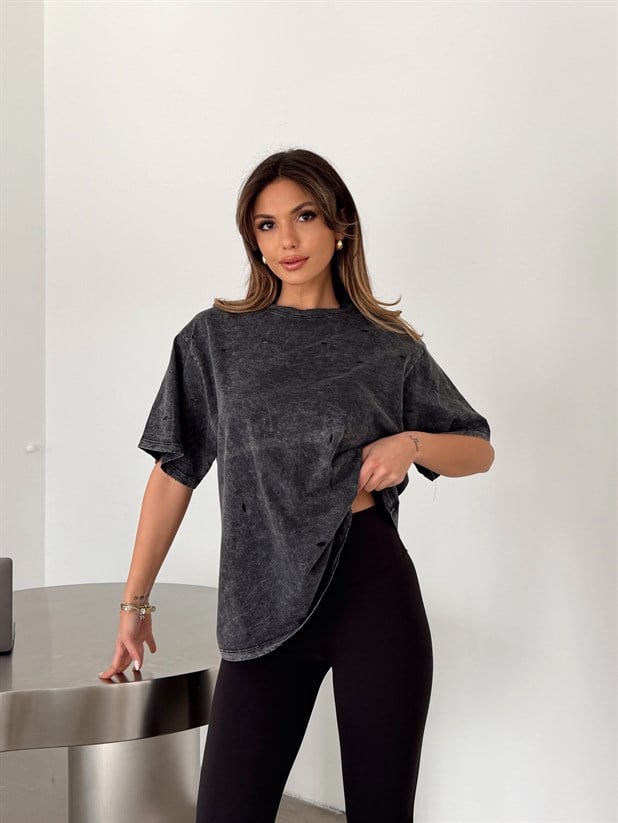 Delikli Yıkama T-shirt - Füme